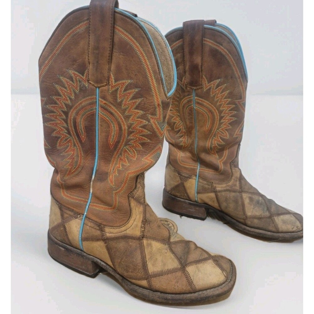 Horse Power HP1053 Crazy Train Patchwork Square Toes Cowboy Boots Youth Size 4